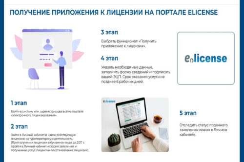 Услуга по получению приложения к лицензии доступна на портале www.elicense.kz